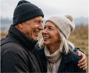 An older couple laughing together outdoors on a cool day